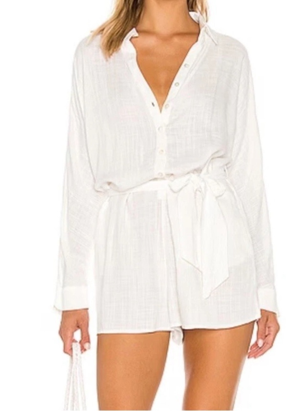 l*space White Button-Front Tie Waist Romper